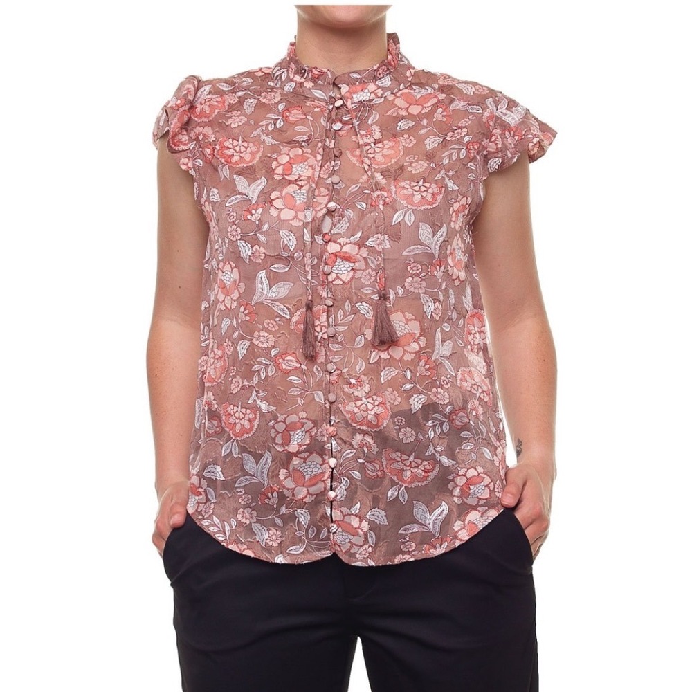 Dex NWT Sheer Floral Print Mock Neck Button Front Blouse Tassels Brown Pink S